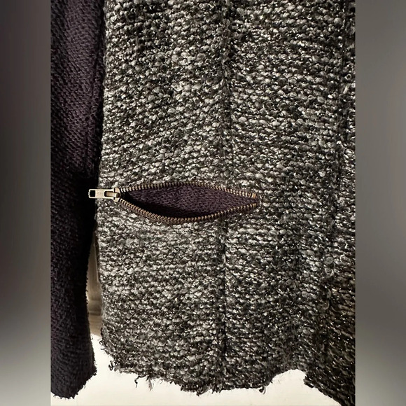 ANTHROPOLOGIE Cartonnier RARE! L Black Gray Tweed Snap Wool Blend Jacket RAW HEM - Picture 7 of 14